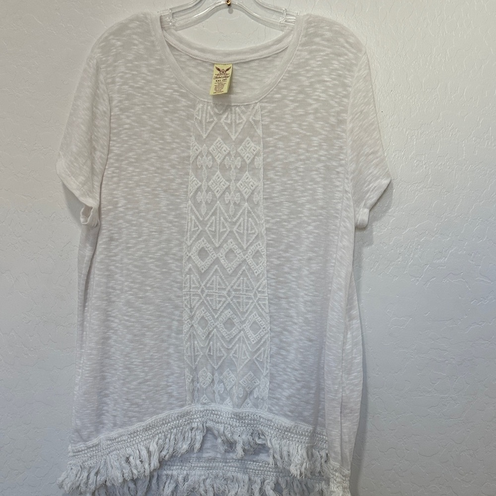 Faded Glory acrylic White Short Sleeve Top Lace plus XXL cotton tunic fringe